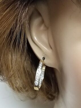 10k Estate Yellow White Gold .25ct Inside Out Diamond Hoops Earrings Medium